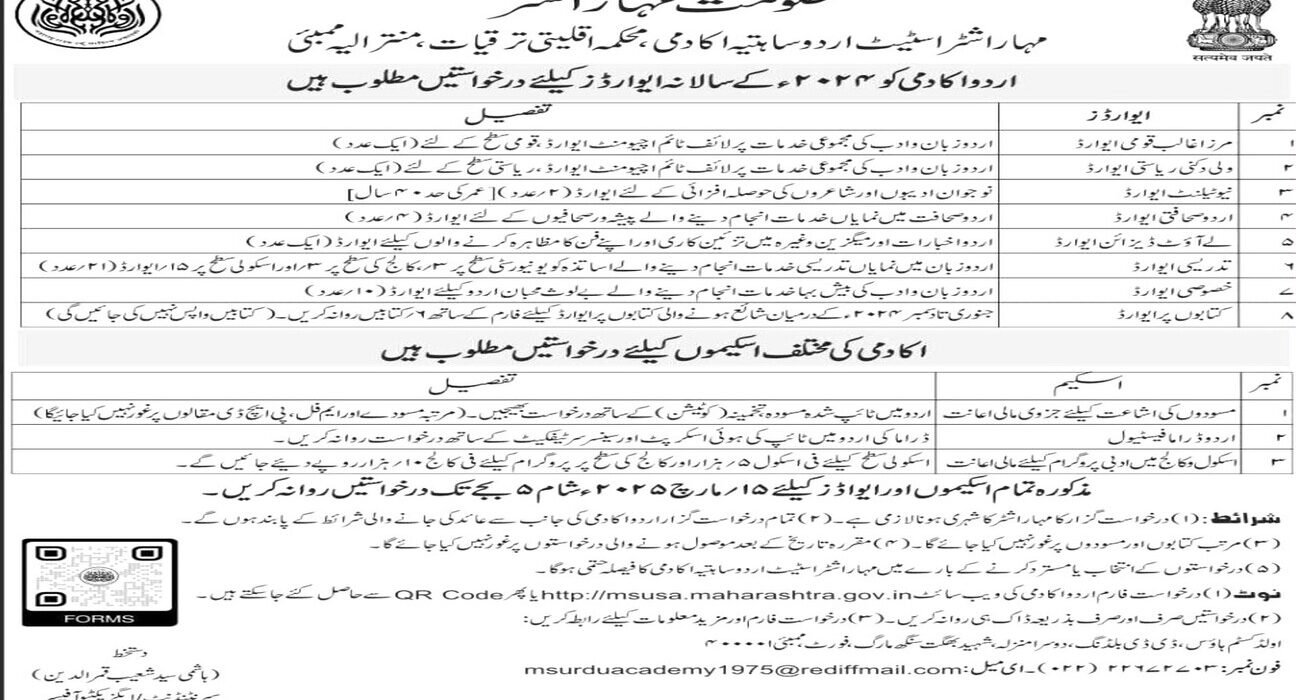 مہاراشٹر اسٹیٹ اردو ساہتیہ اکادمی کے سالانہ ایوارڈز کے لیے درخواستیں طلب 5